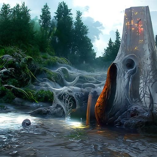 Misty Hollow with Ominous Presence in Solar-Punk Style