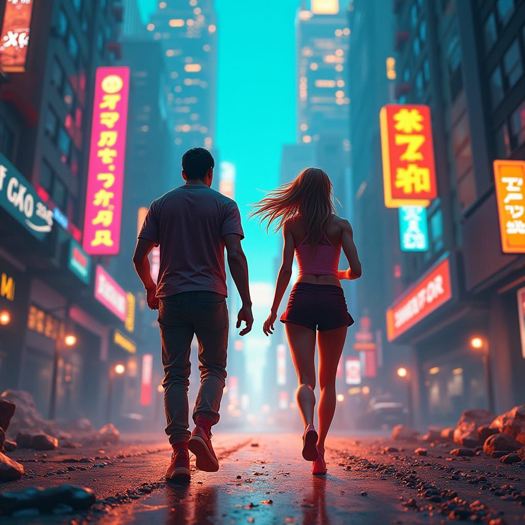 Futuristic Runners in Neon-Lit Metropolis