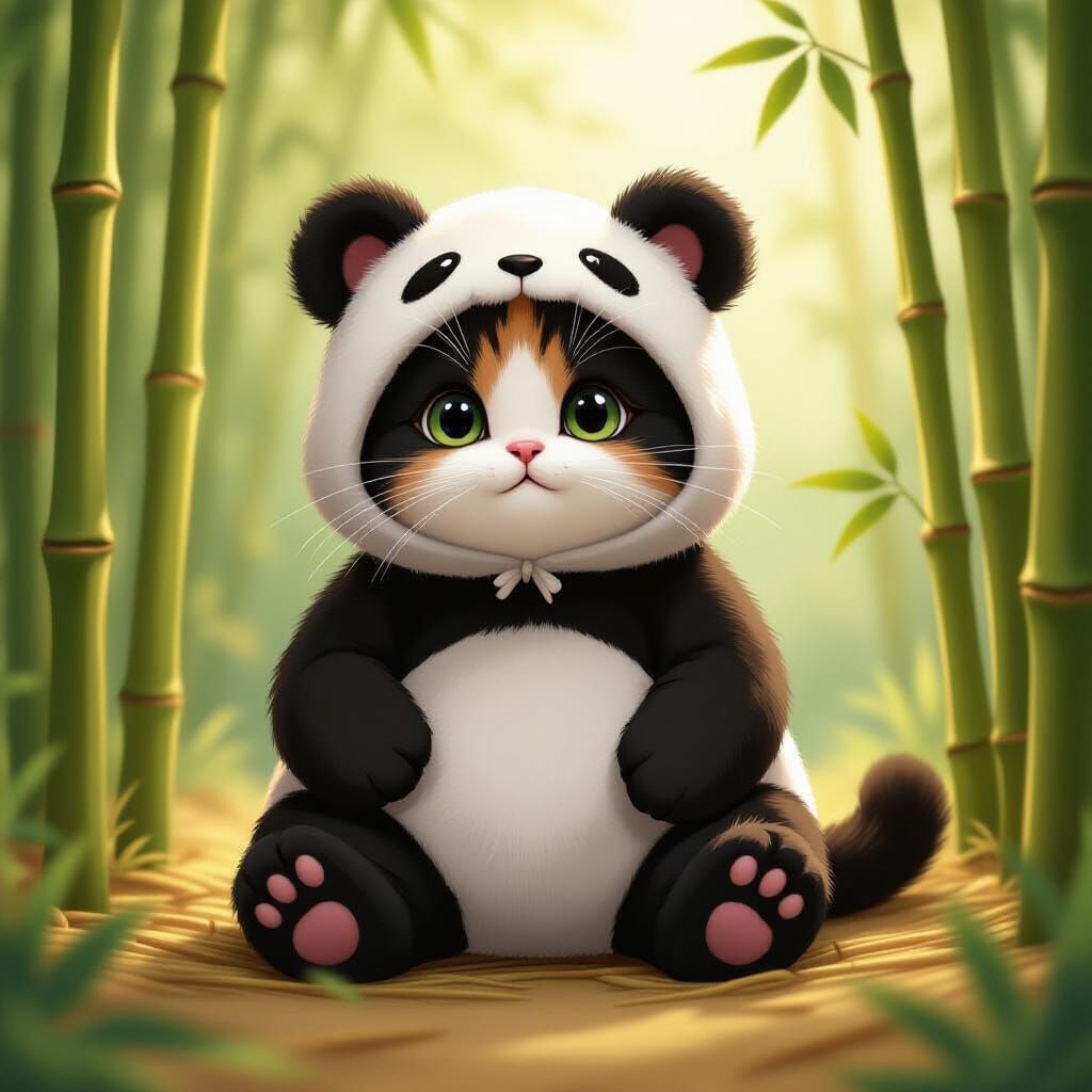 Cute Tricolor Cat in Panda Costume, Digital Illustration