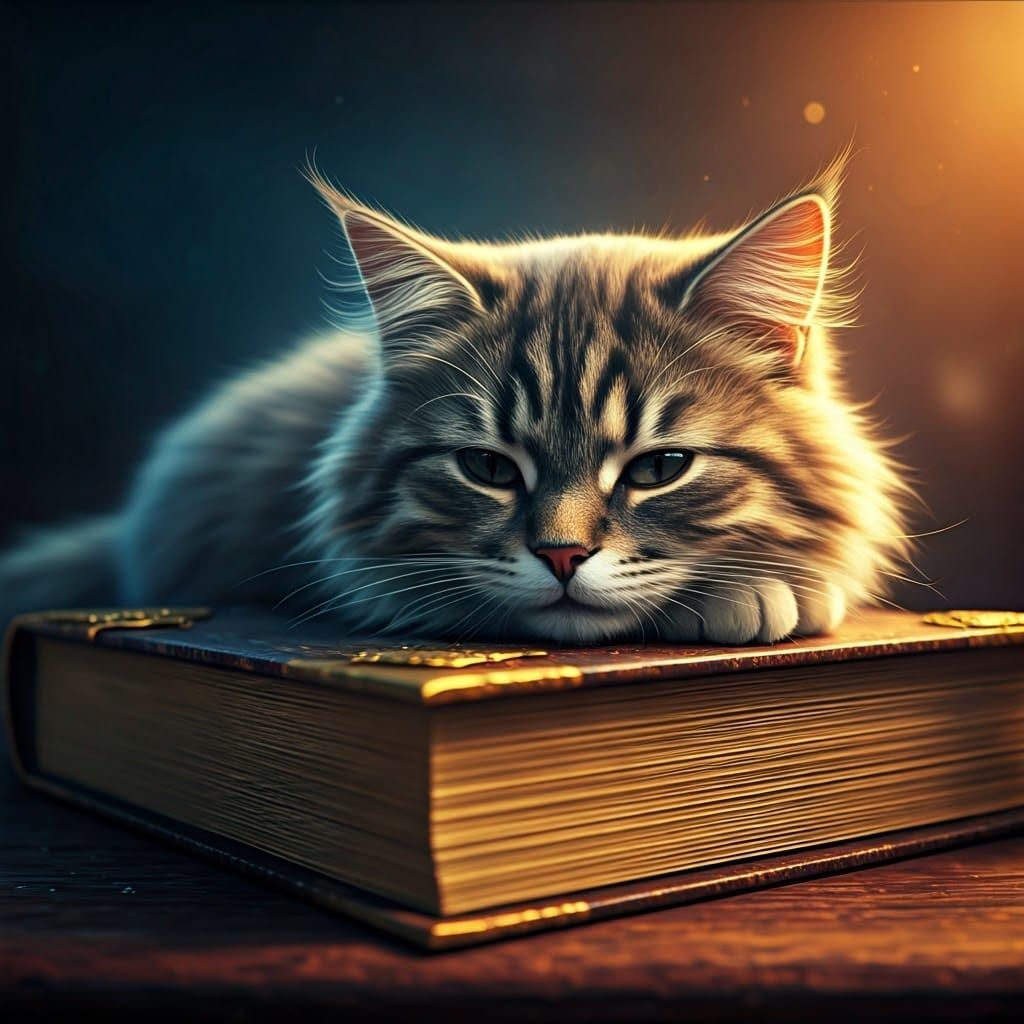 A Cat in Dreamlike Slumber on a Vintage Leather-Bound Book