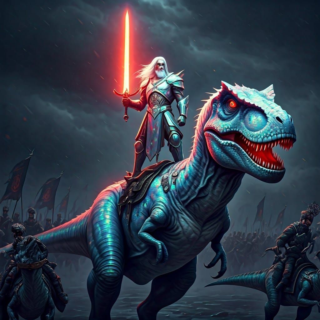 Warrior Jesus on T-Rex in Iridescent Armor