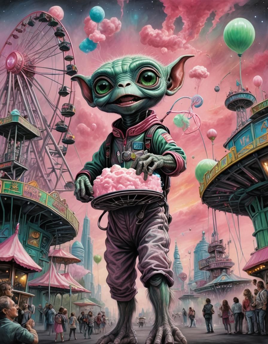 Pink Alien Rides Gyrosphere in Space Amusement Park