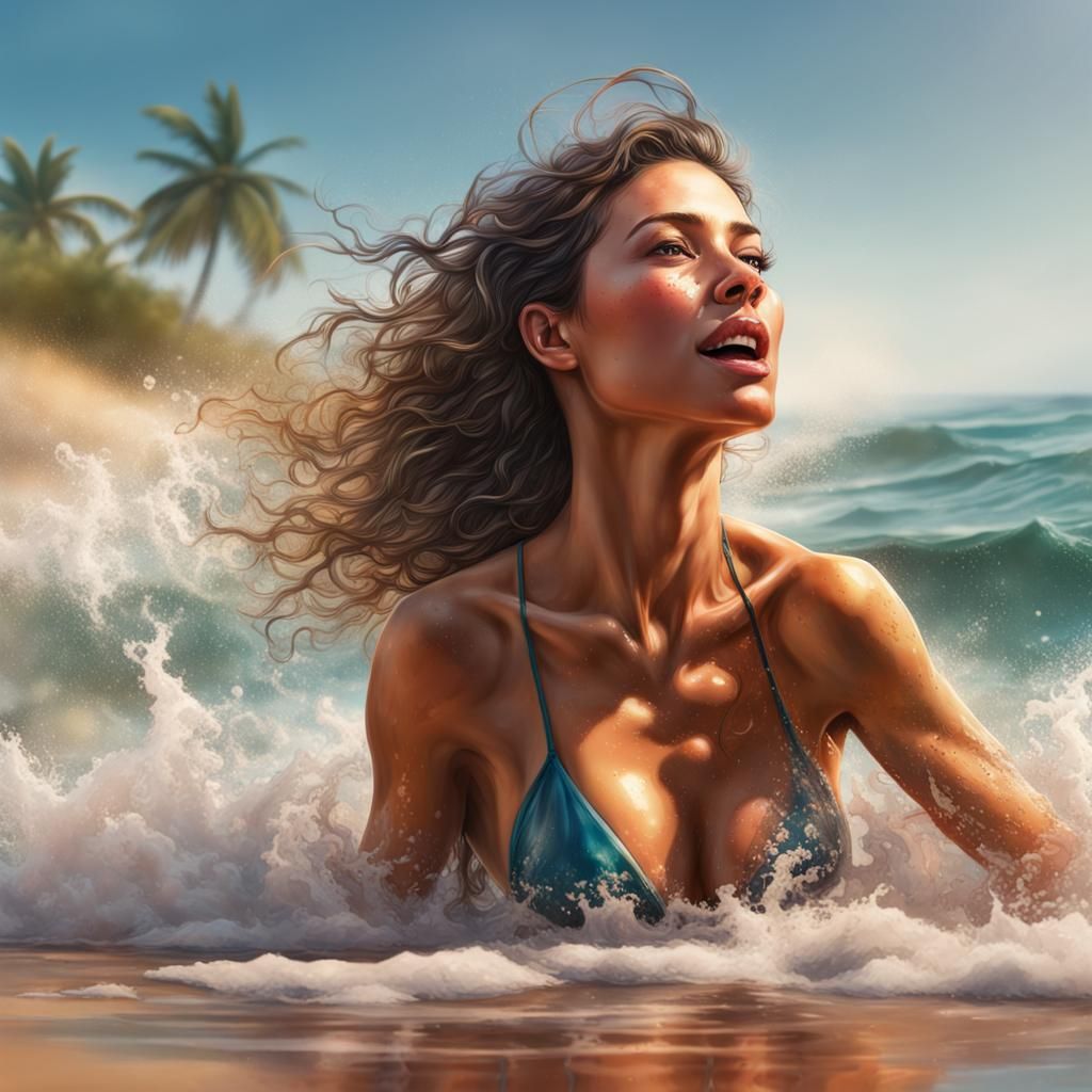 Realistic Woman in Bikini on Beach in Splash Art