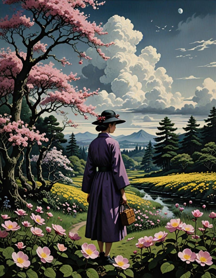 Minimalist Japanese Landscape with Wild Thyme and Eglantine