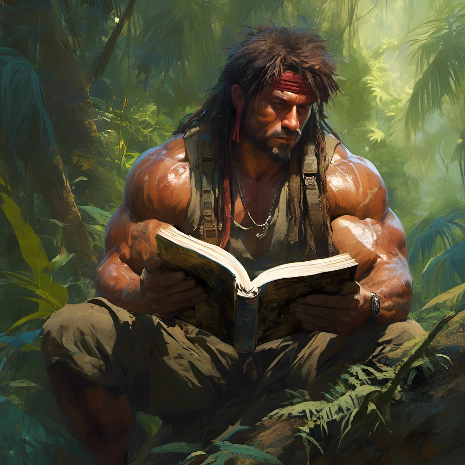 Rambo Portrait Reading in Jungle, Digital Art