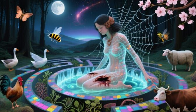 Woman Trapped in Sculpture's Web, Mystical Forest Scene