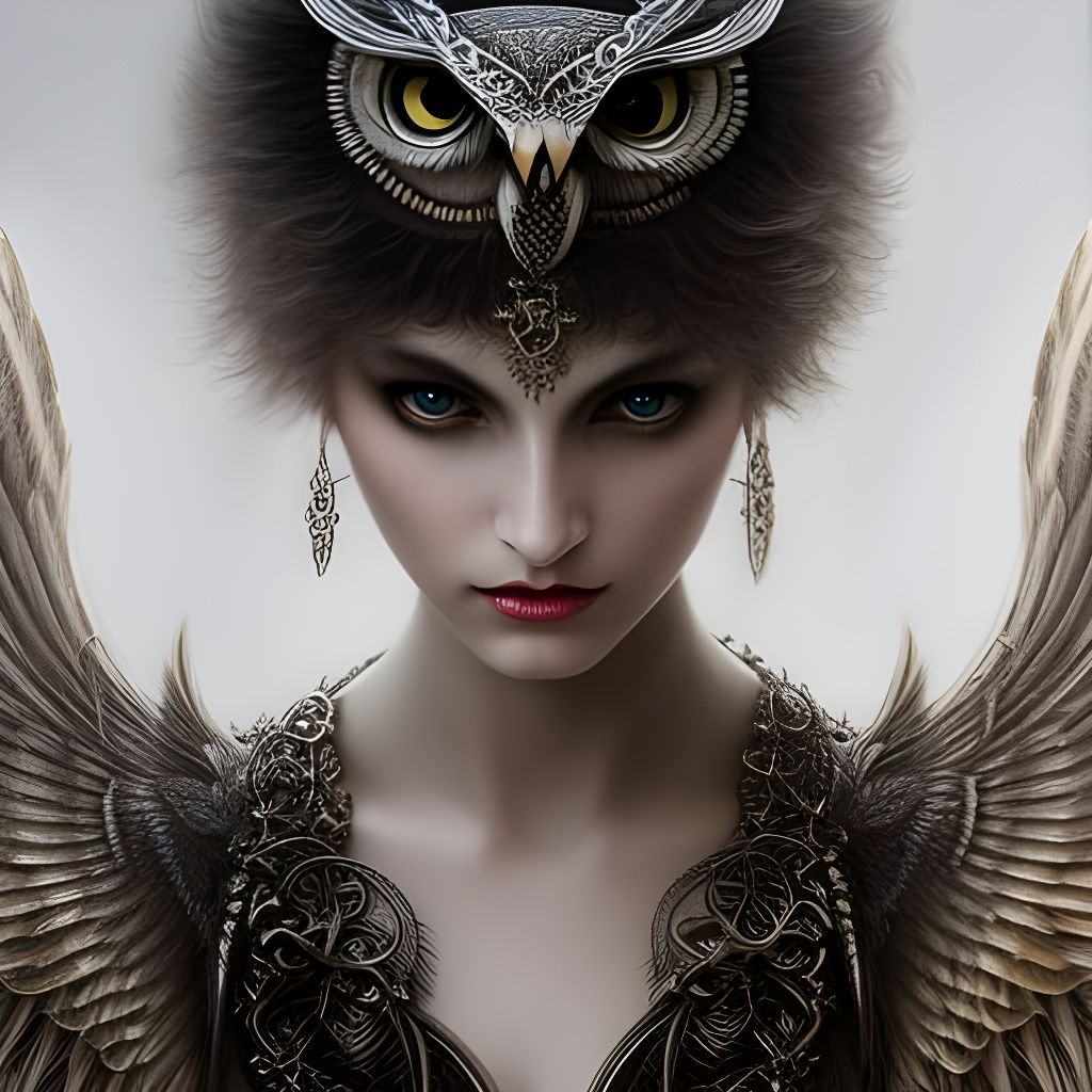 Intricate Pencil Sketch of an Owl Girl