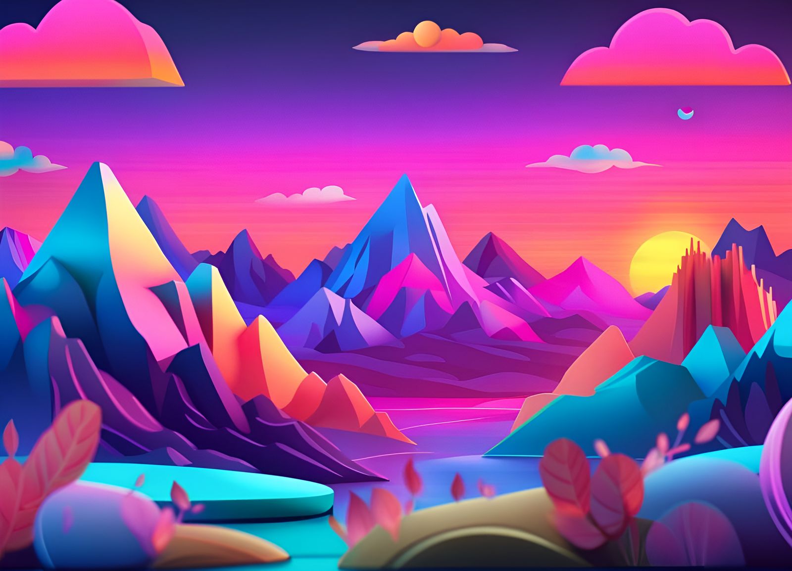 Neon Pastel Landscape with Animals and Music
