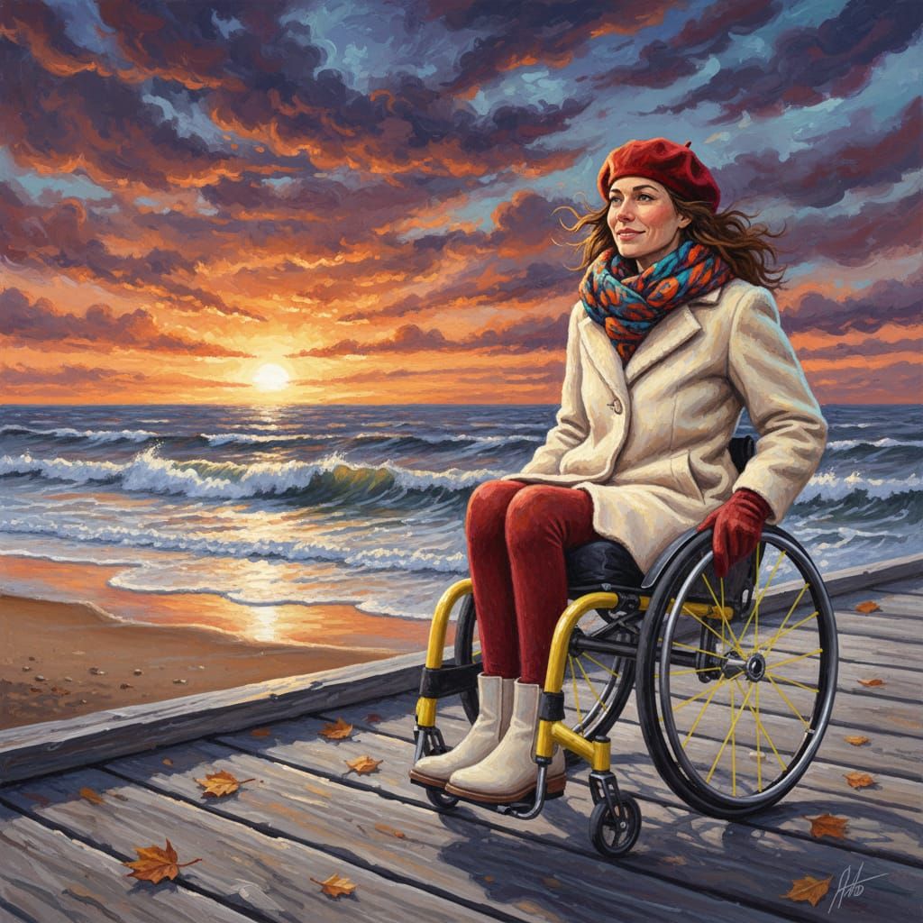 Woman in Yellow Wheelchair on Windswept Wharf