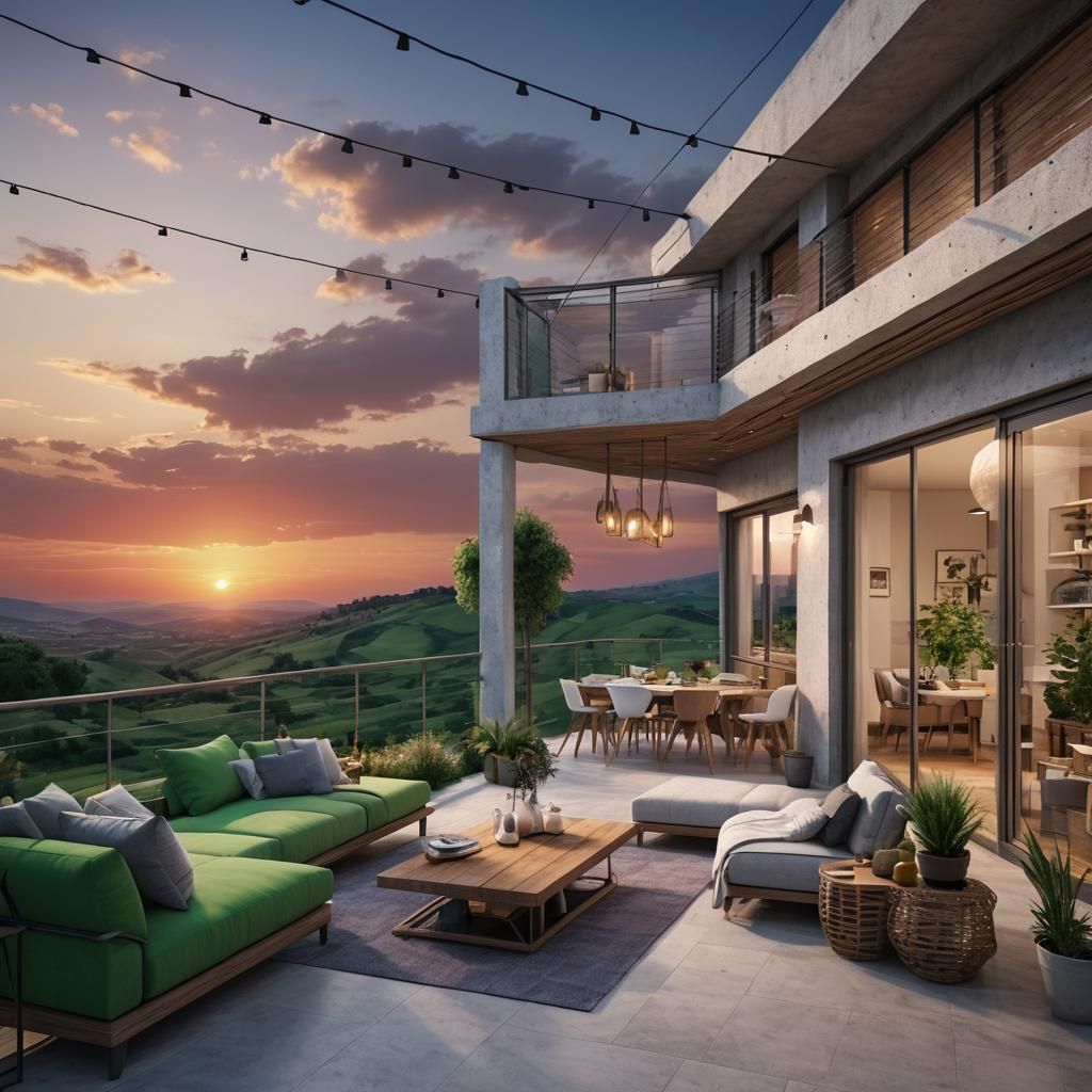 Modern Terrace House at Sunset, Photorealistic Digital Art