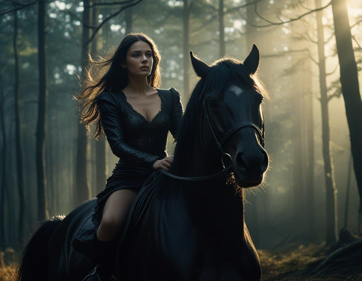 Dark Fantasy Brunette Girl Rides a Black Glowing Stallion th...