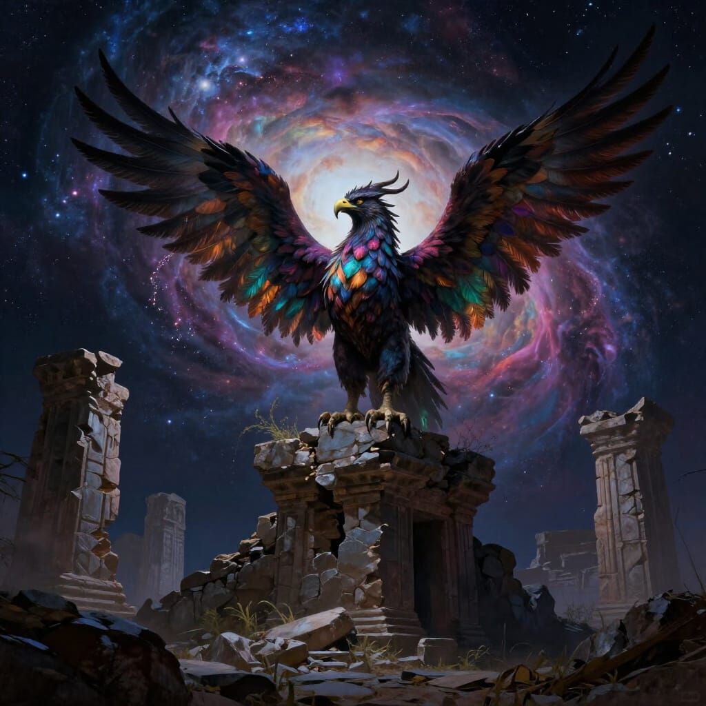 Majestic Griffin on Ancient Ruins Under Nebula Sky