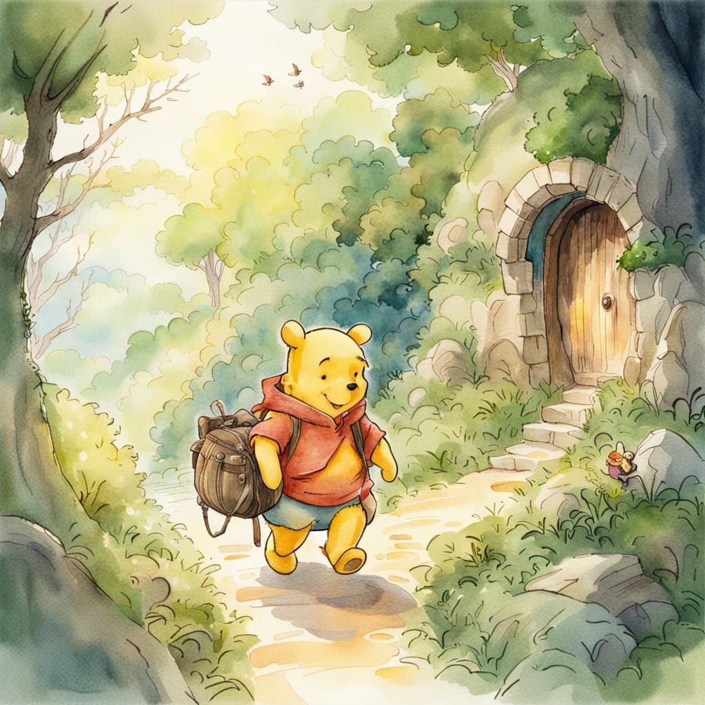 Winnie the Pooh Hobbit Adventure in Watercolor