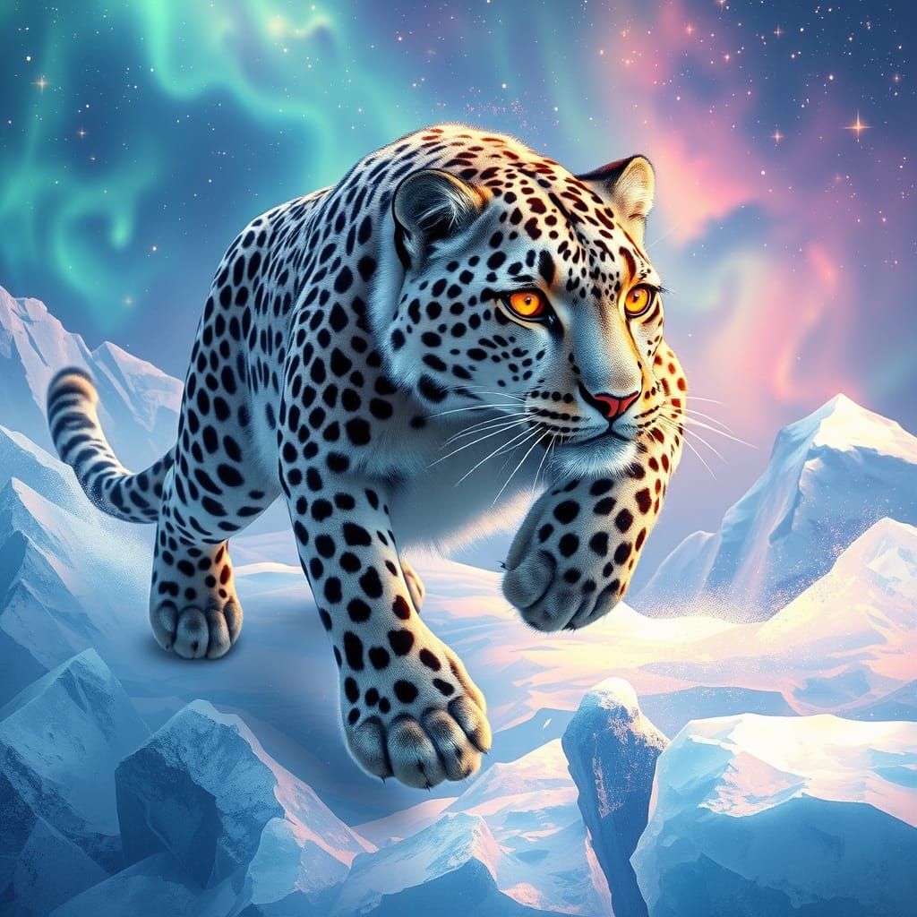 Aurora Snow Leopard Leaping Across Ice Crystals