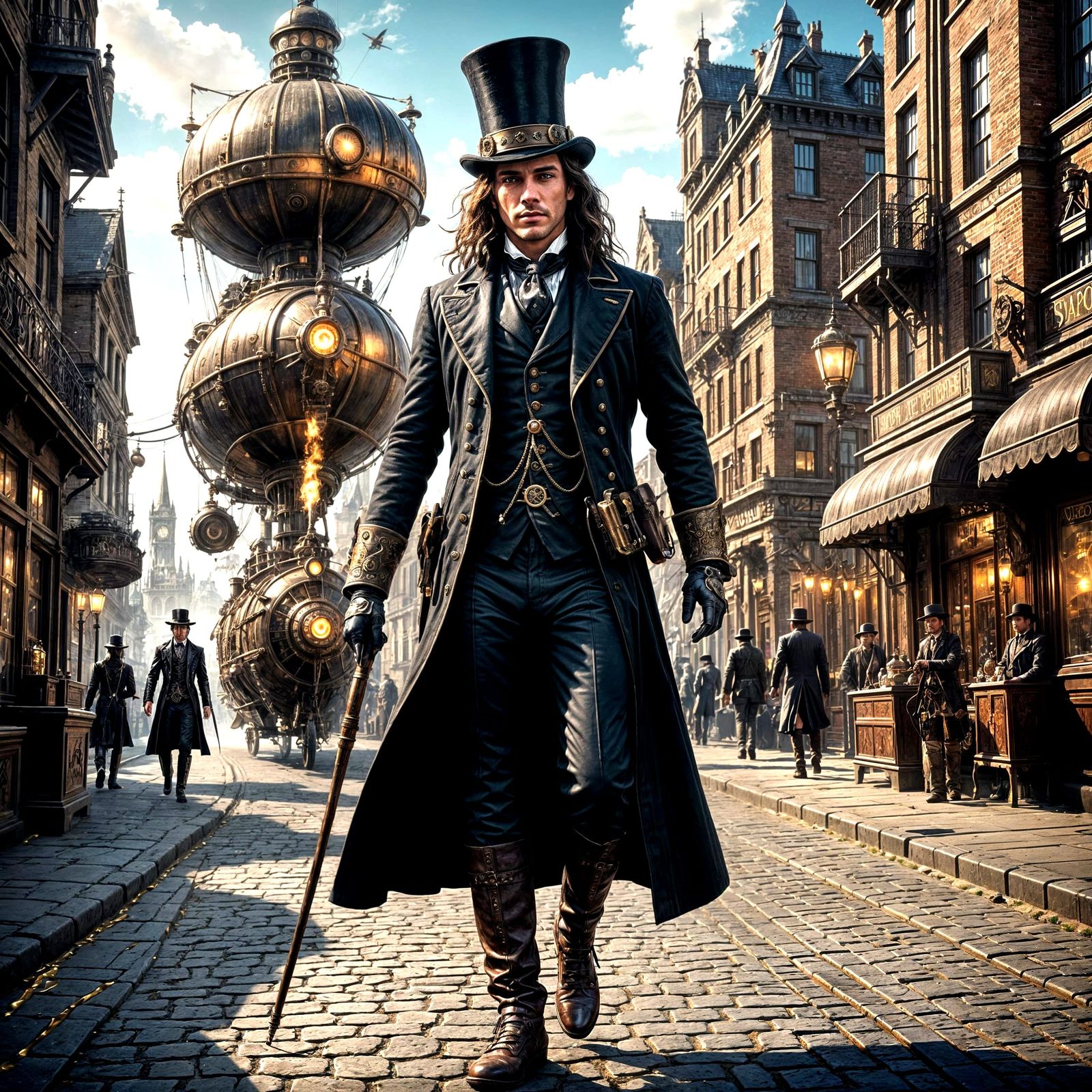Steampunk Gentleman Strolling City Street in Detailed Painti...