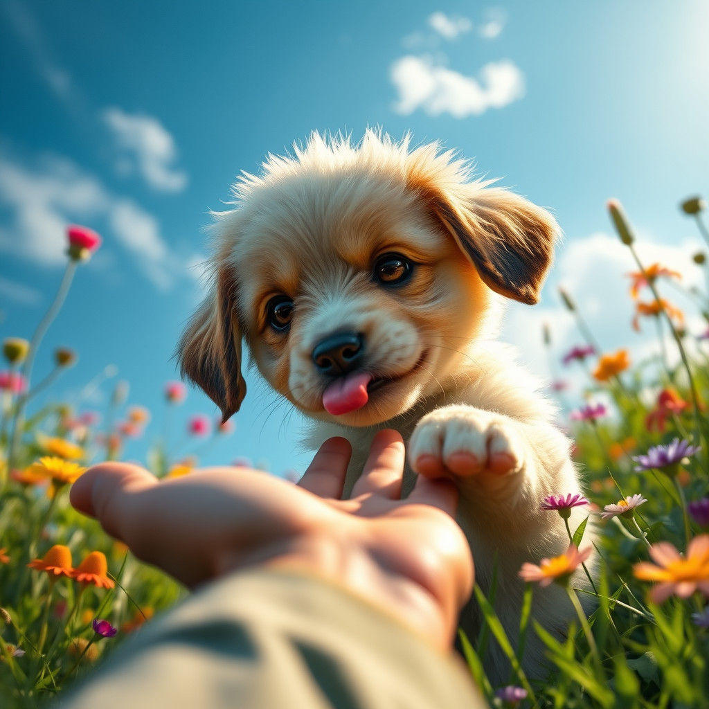 Puppy Licking Hand in Fantasy Matte Painting Style