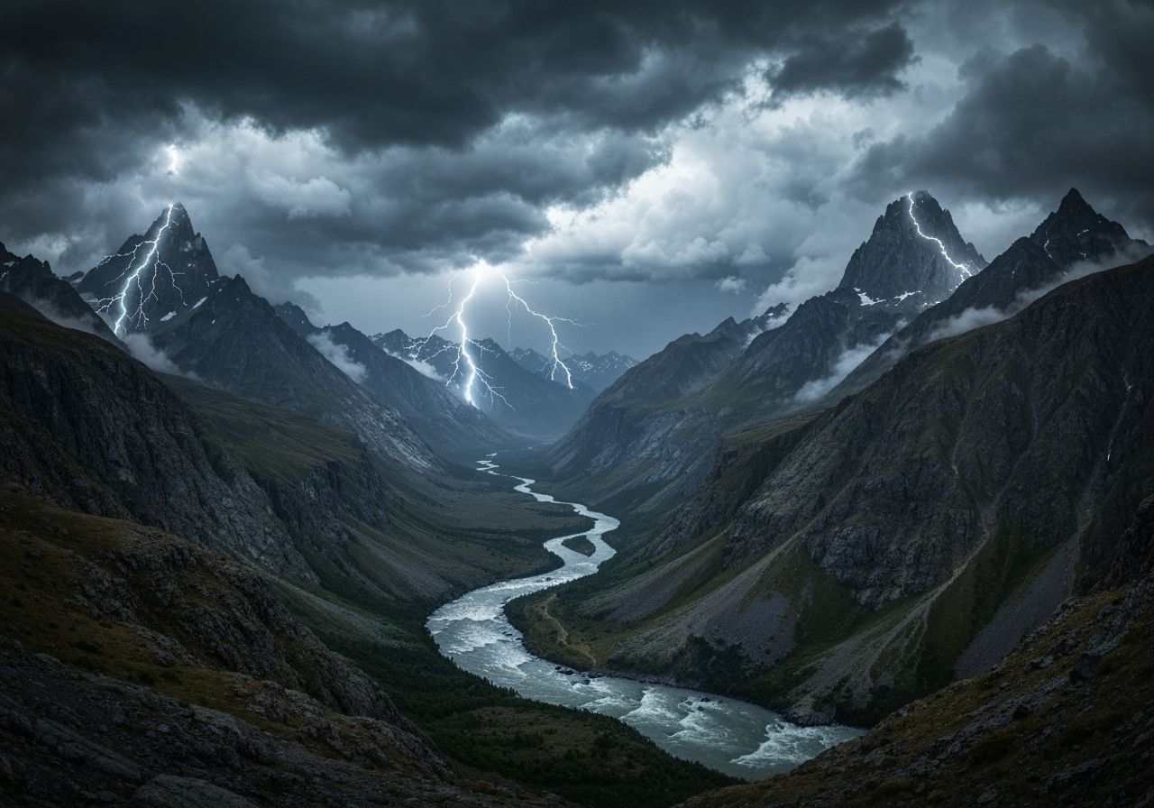 Dramatic Mountains Under Stormy Sky: Impressionistic Style