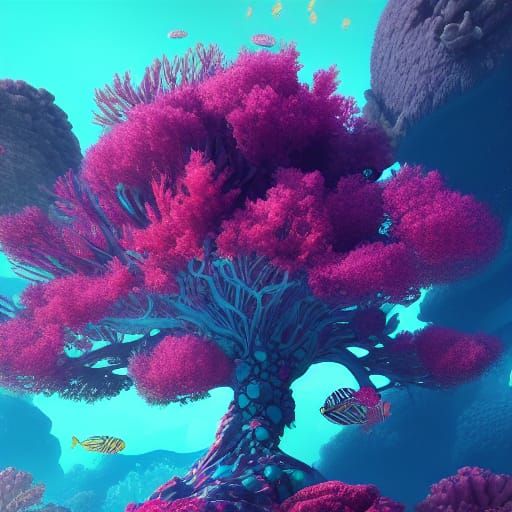 Futuristic Underwater Tree Travel Hub in Deep Color