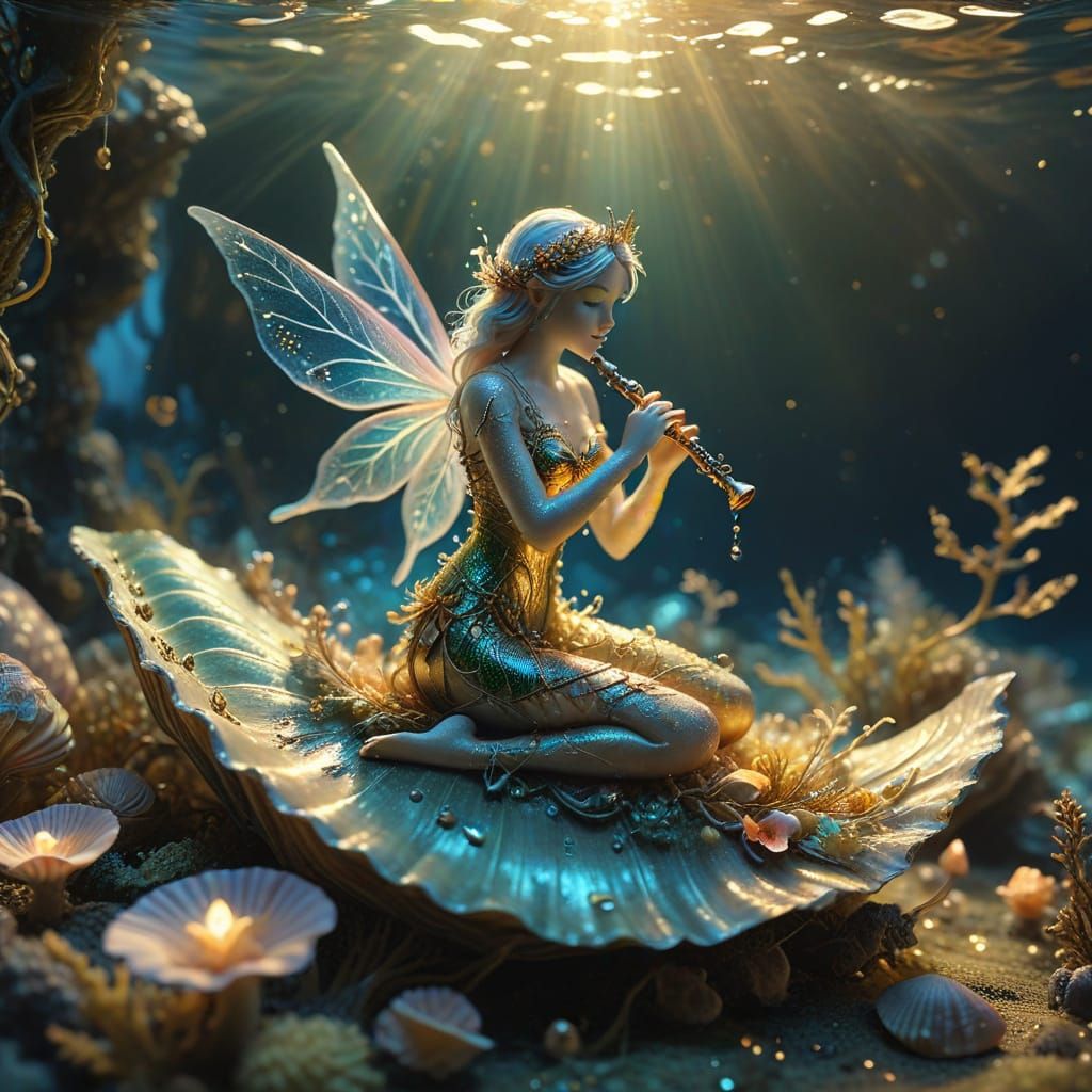 Whimsical Water Fairy Plays Flute, Fantasy Art