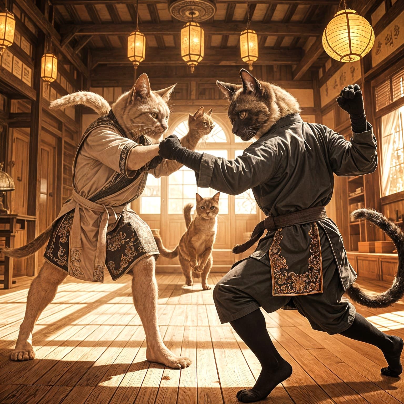 Two humanoid Siamese cats face off in an intense Kung Fu due...