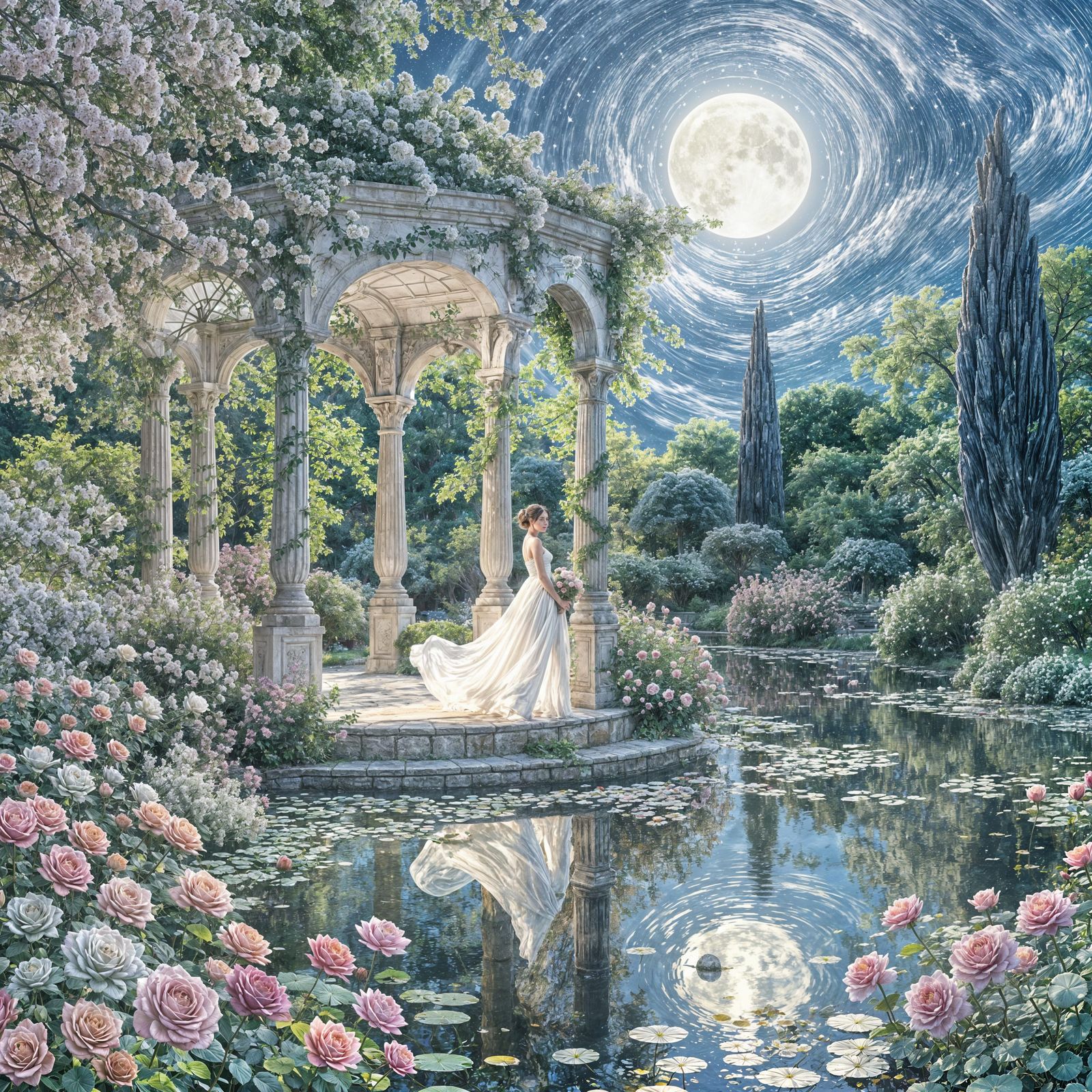 Moonlit Garden with Gazebo in Impressionistic Style