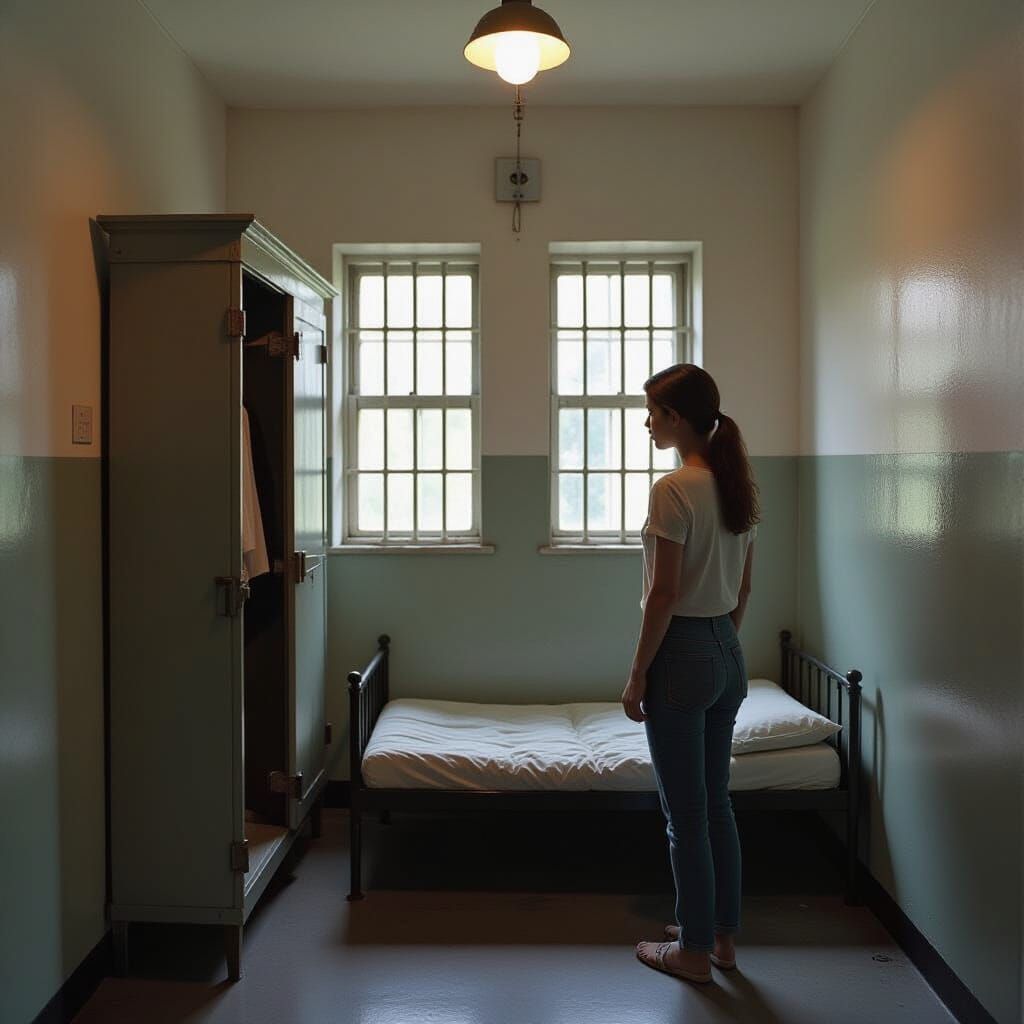 Woman Enters Sparse Room in Gritty Style
