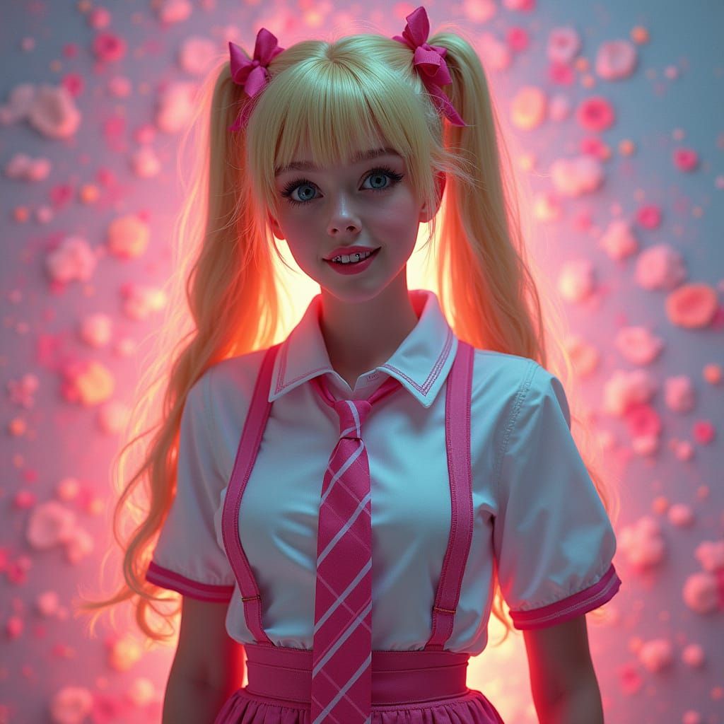 Ethereal Schoolgirl in Neon Hues