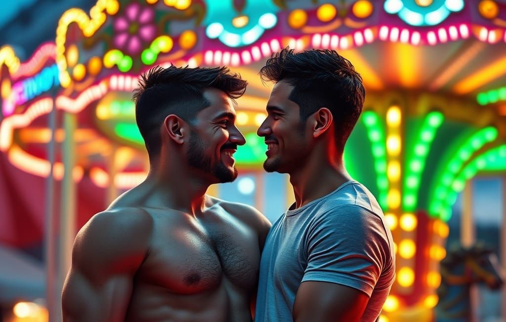 Sensual Nighttime Carnival Romance in Vibrant Neon Colors