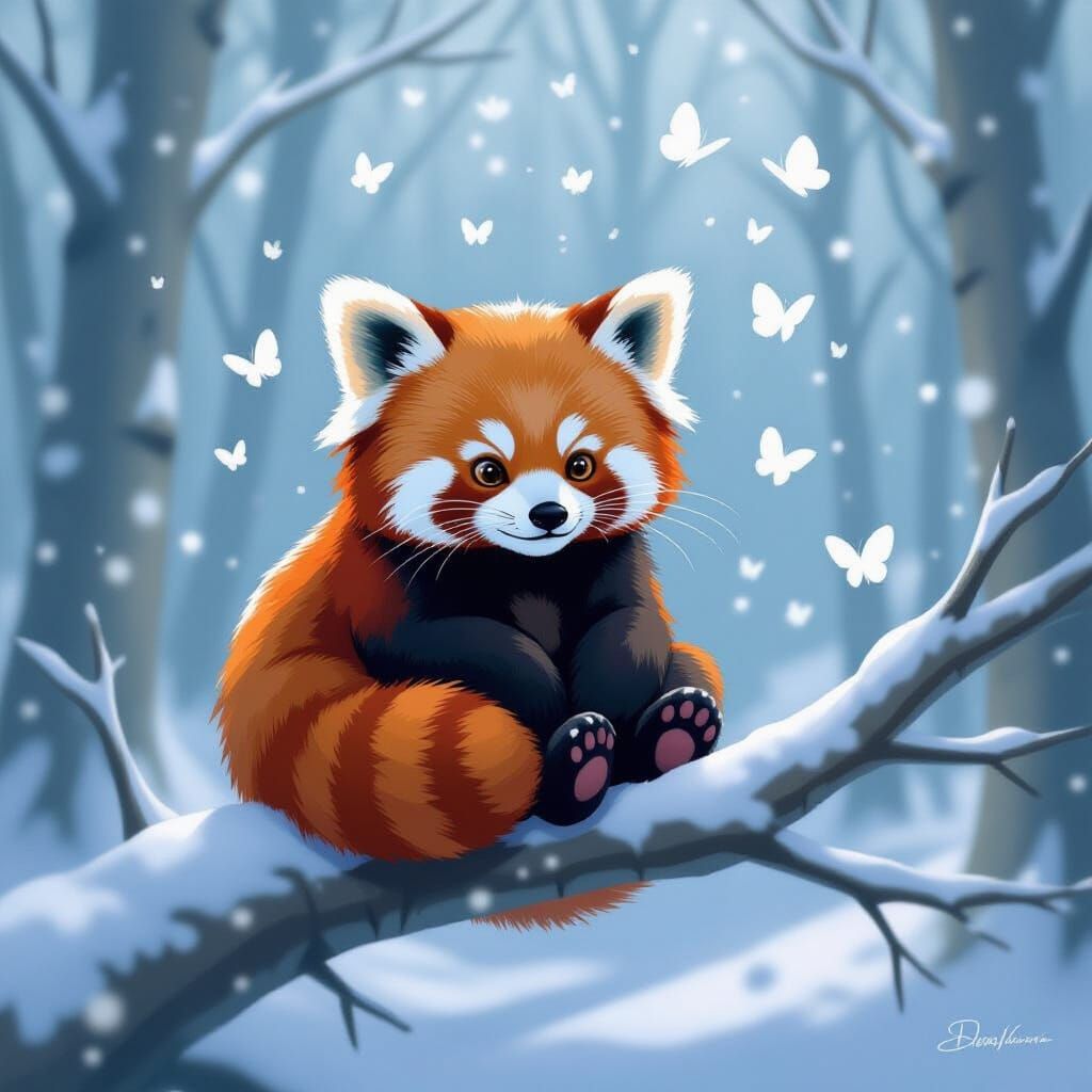 Red Panda with Butterflies in Snowy Forest