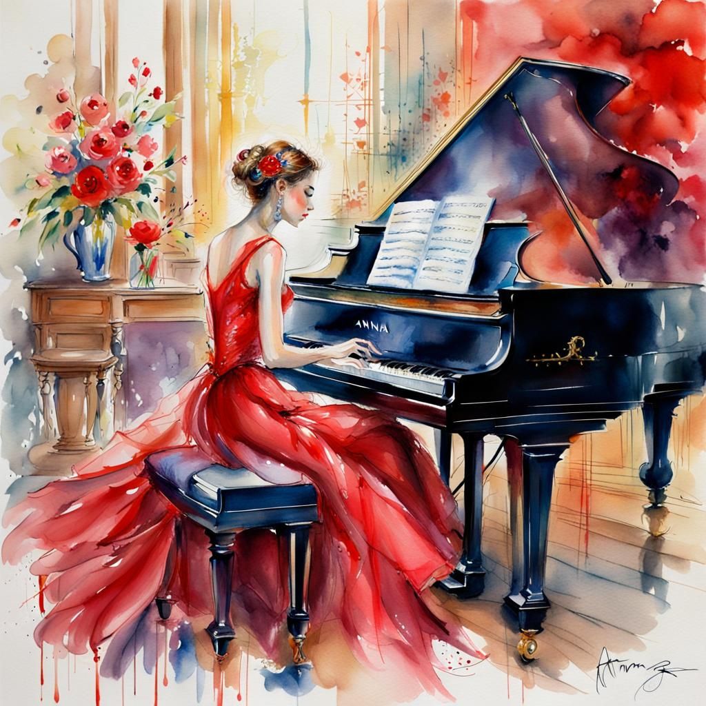 Lady in Red at Piano, Watercolour Style