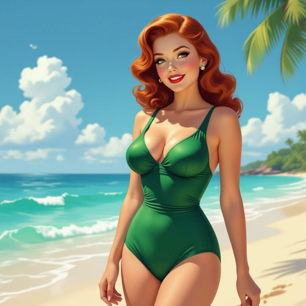 1950s Redhead Housewife in Bathing Suit on Sunny Beach