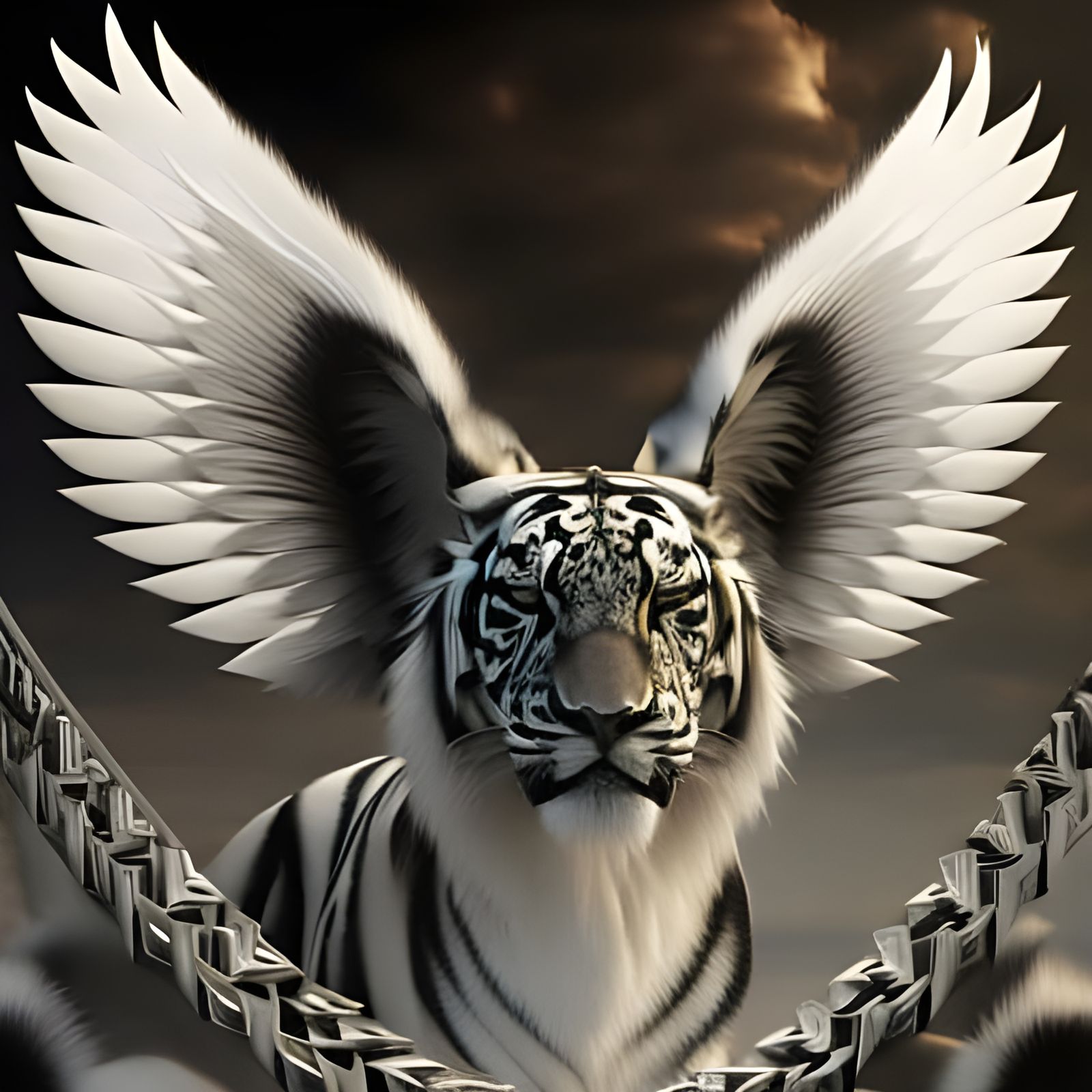 Monochrome Winged Tiger in Hyperdetailed Digital Painting