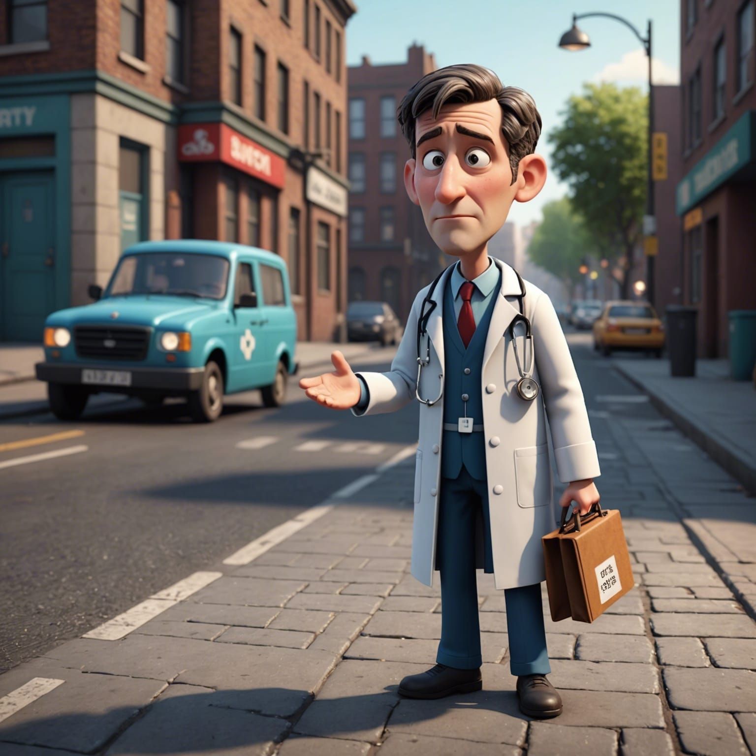 Sad Cartoon Doctor Panhandling in the Street