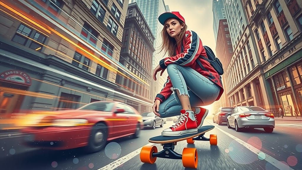 Sassy Skater Girl Speeds Down City Street in Futuristic Wate...