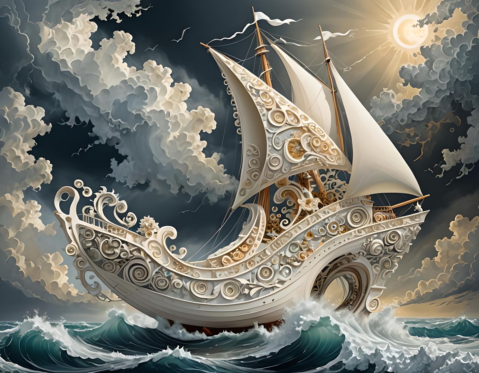 Ivory Shoe Sailing Ship on Stormy Sea