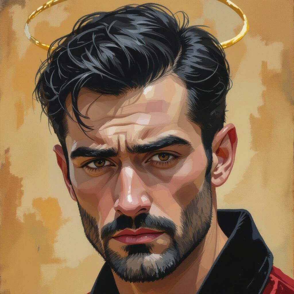 Sad & Angry Man with Golden Halo in Forest Nightscape