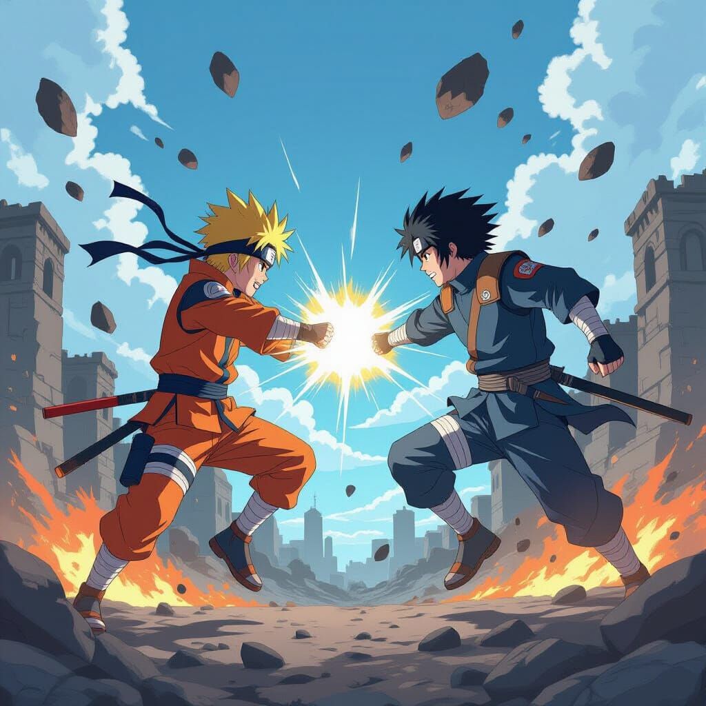 Anime Warriors Clash in Ruined Battlefield