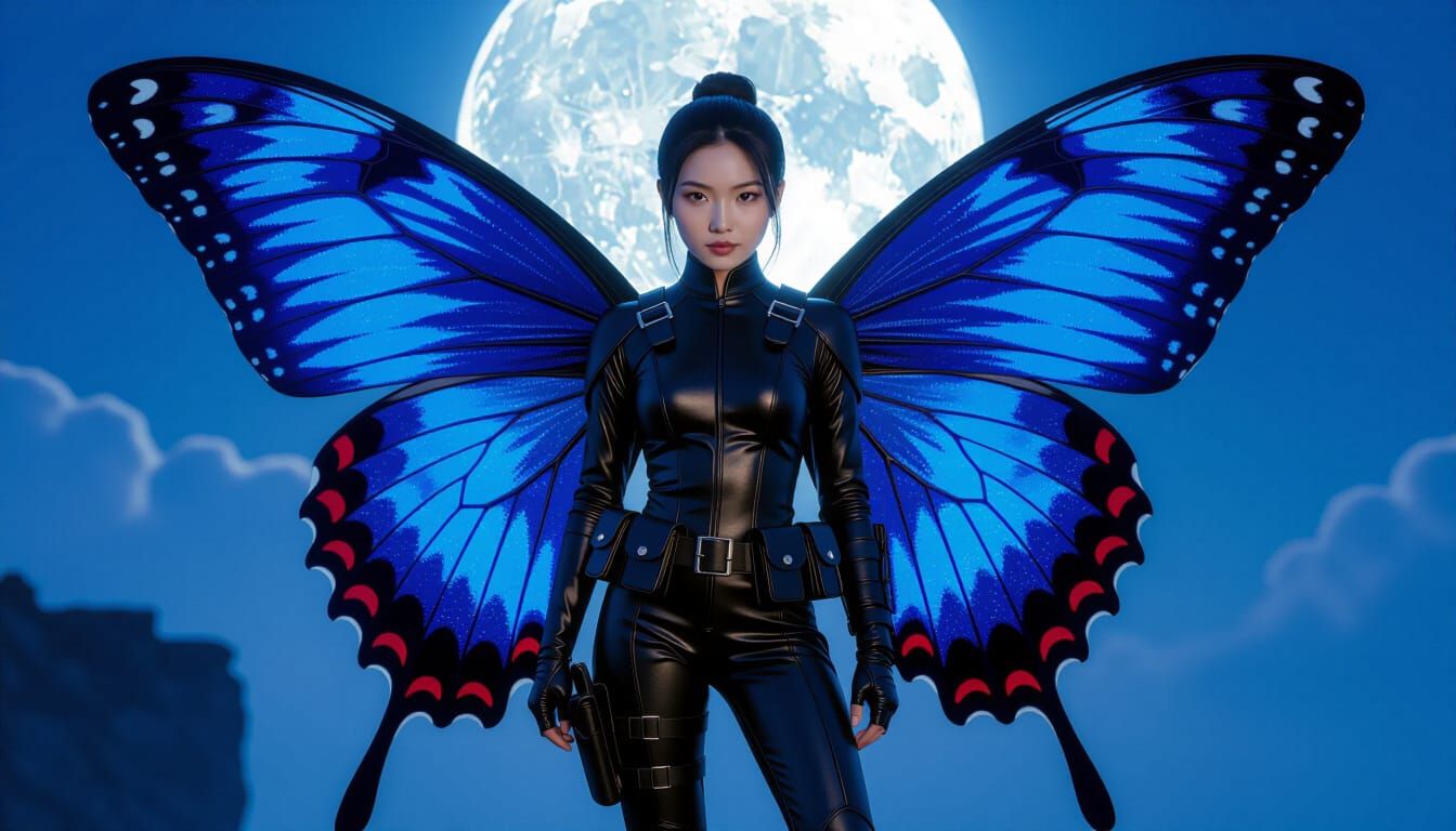 Tiny Woman with Giant Butterfly Wings on Cliff at Night