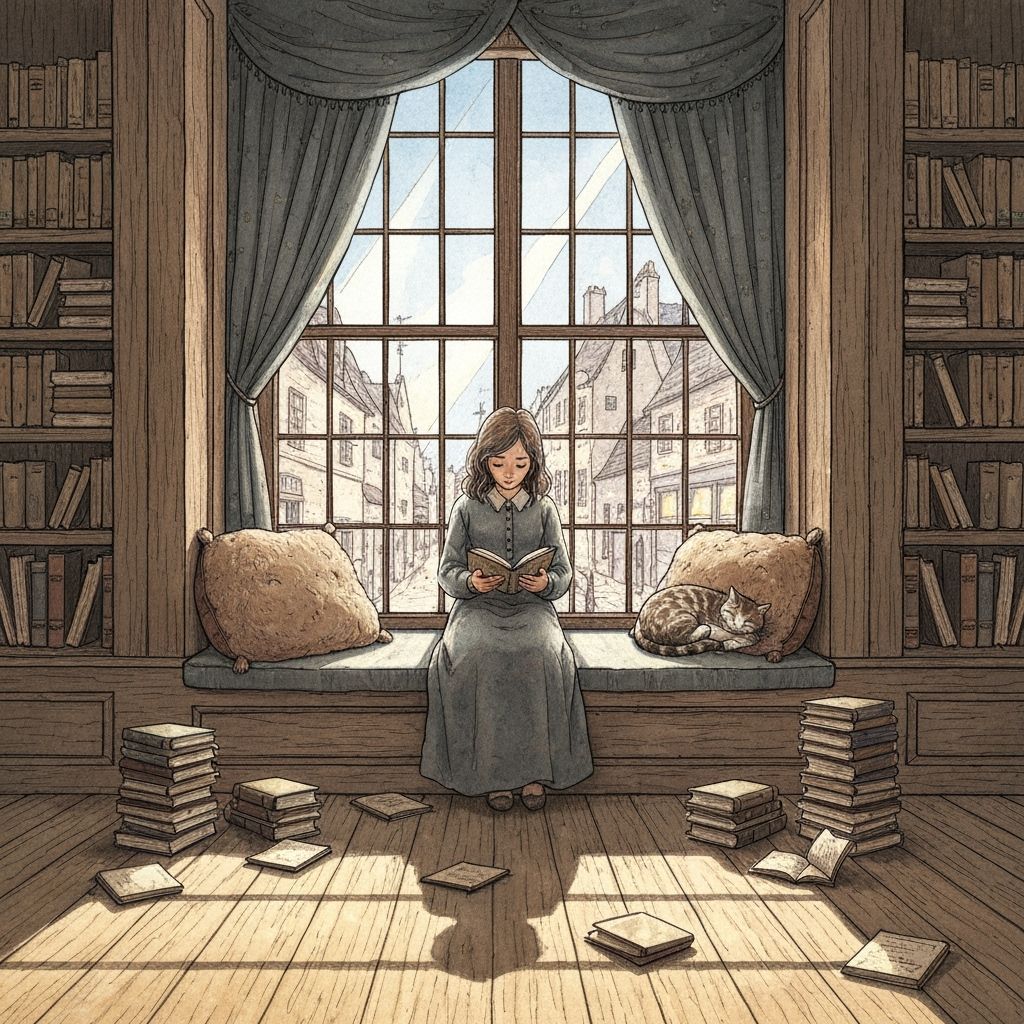 Serene Woman Reading by Moonlight: Beatrix Potter Style