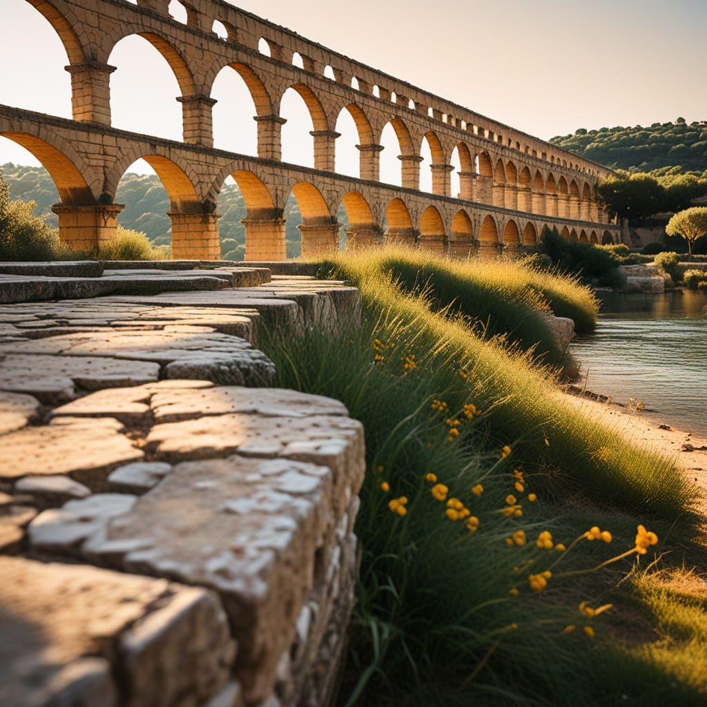 Roman Aqueduct in the French Countryside, Captured in Golden...