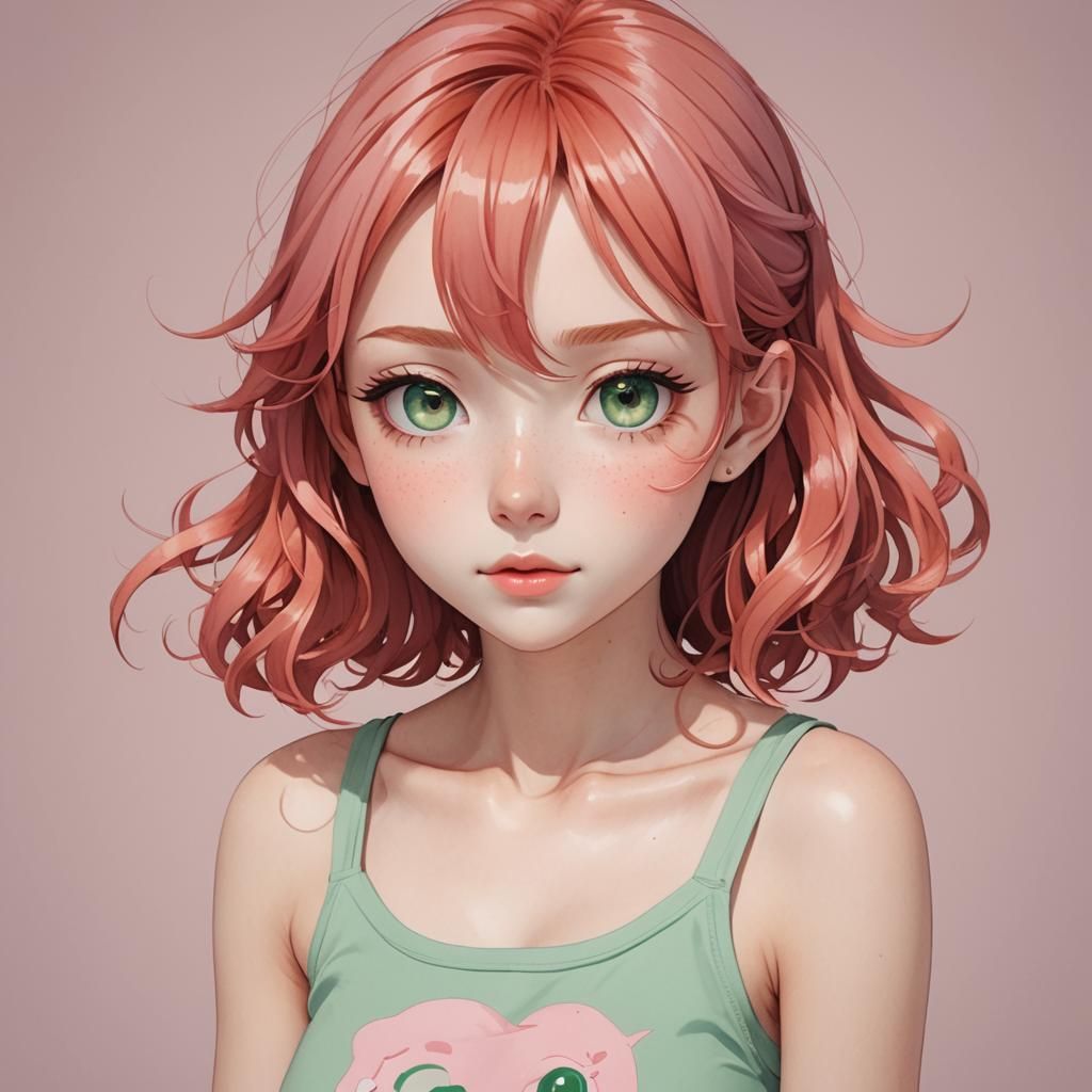 Jelly art style petite Japanese anime girl with red hair and...