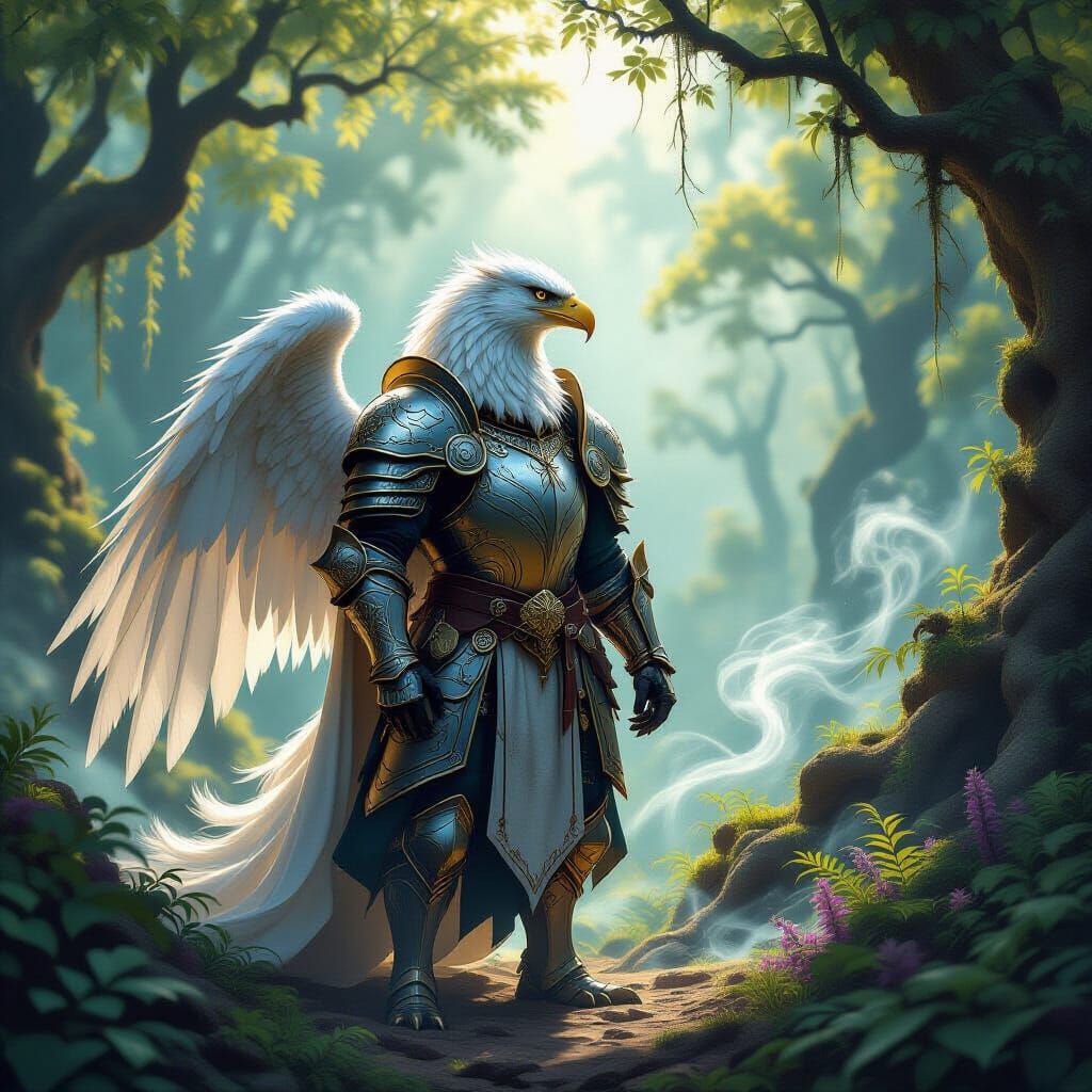 Griffin Knight Guarding Ancient Mystical Forest