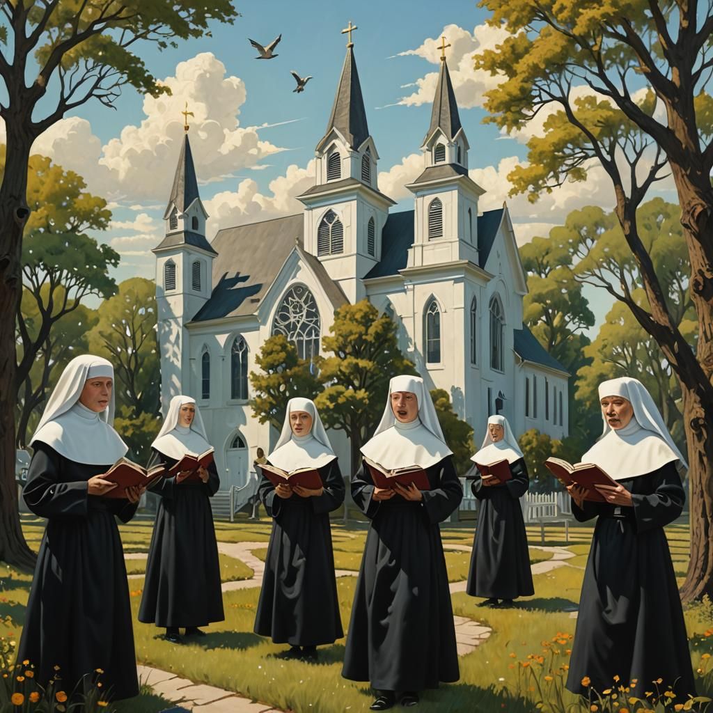 Singing Nuns in Church: Whimsical Surreal Art