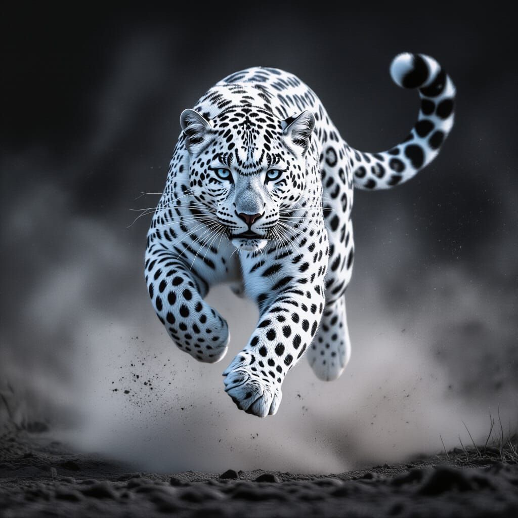 White Leopard Mid-Leap in Cinematic Style