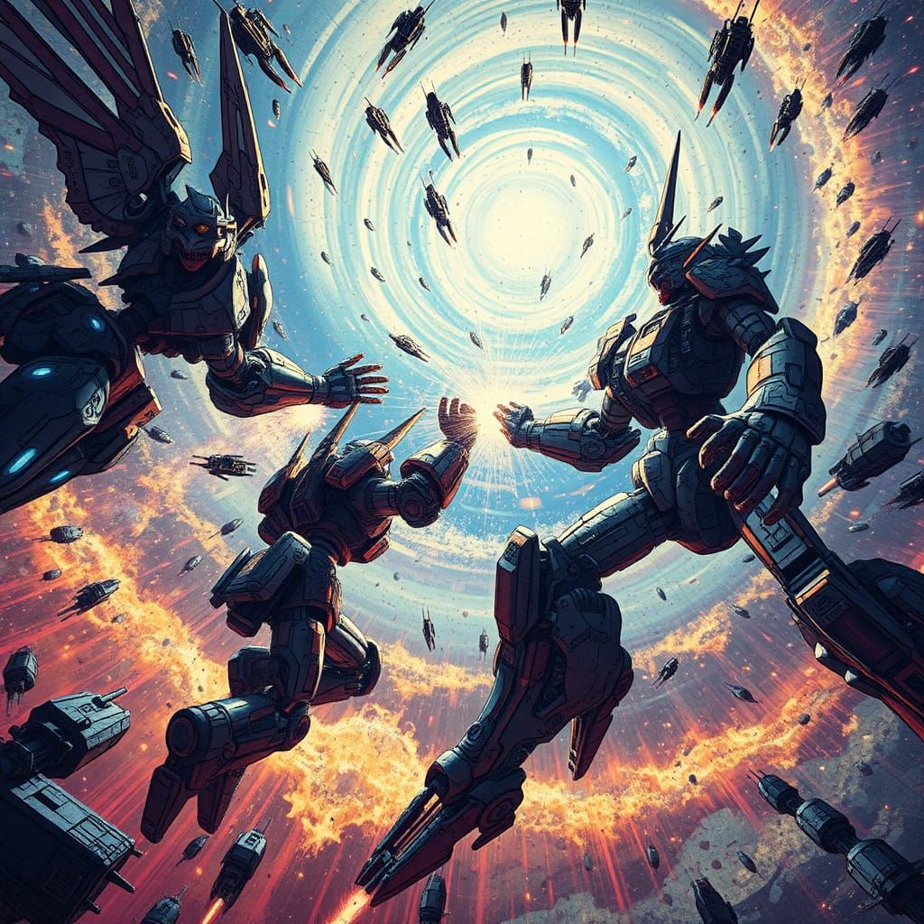 Kaleidoscopic Mecha Clash in Space