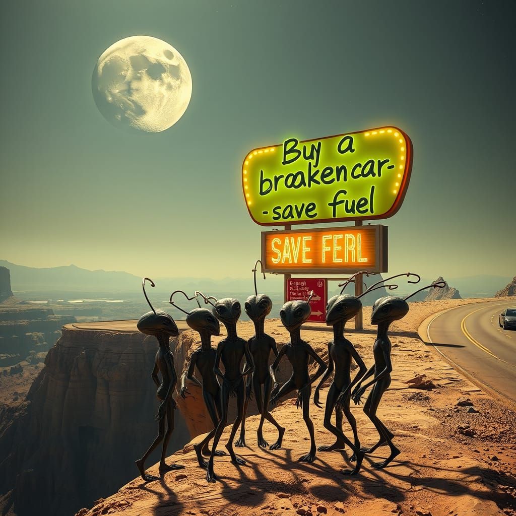 Graffiti Alien Roadside Sign on the Moon's Highway