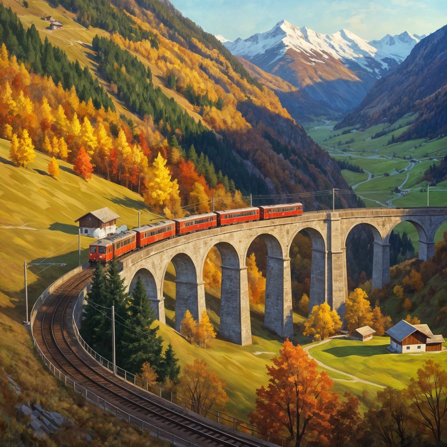 Impressionist Oil Painting of Swiss Mountain Train in Autumn