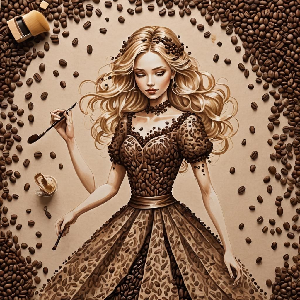 Coffee Bean Girl Drawing in Magical Dress