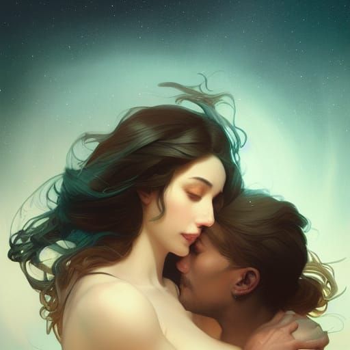 Passionate Lovers Under Night Sky: Detailed Digital Portrait