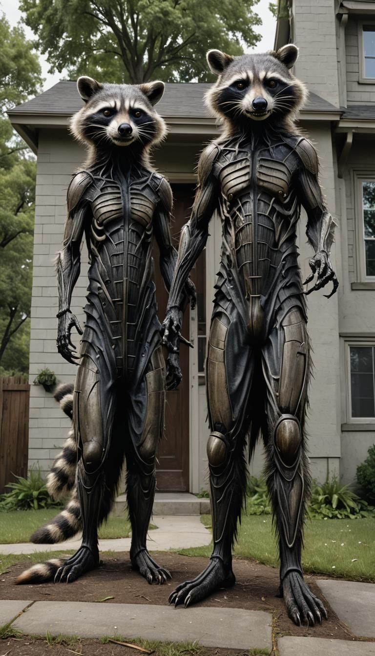 Sinister Raccoons Stand Guard in Hyperrealistic Detail